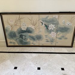 Asian Lotus 4 Panel Painted Fabric Wall  Hanging Screen 