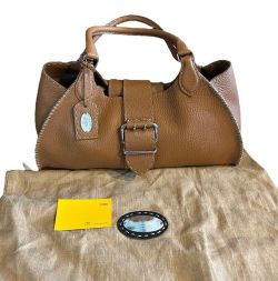 FENDI Selleria Linda Handbag Camel Leather Boston Bag 