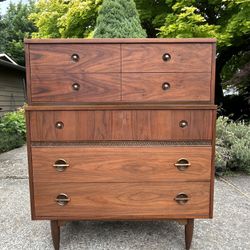 Mid Century Vintage Walnut Tallboy Dresser 