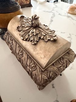Ornate Baroque Jewelry Trinket Box — 10”H x 11”L x 7.5”W, Floral Relief, Black Velvet Lined