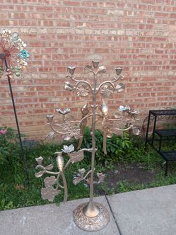 Vintage Mid Century Modern Gold Metal Bird & Leaf  Tree Candelabra