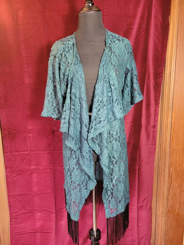 Lularoe Monroe Green Lace With Black Fringe Duster Sz Small