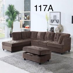 Brown Sectional Couch Set With Ottoman