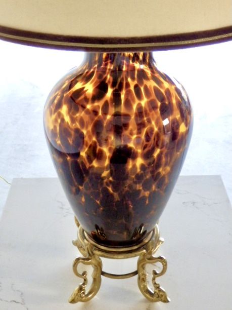 Vintage Marbro Lamp Co. Large Table Lamp Faux Tortoise Shell Glass Brass Base