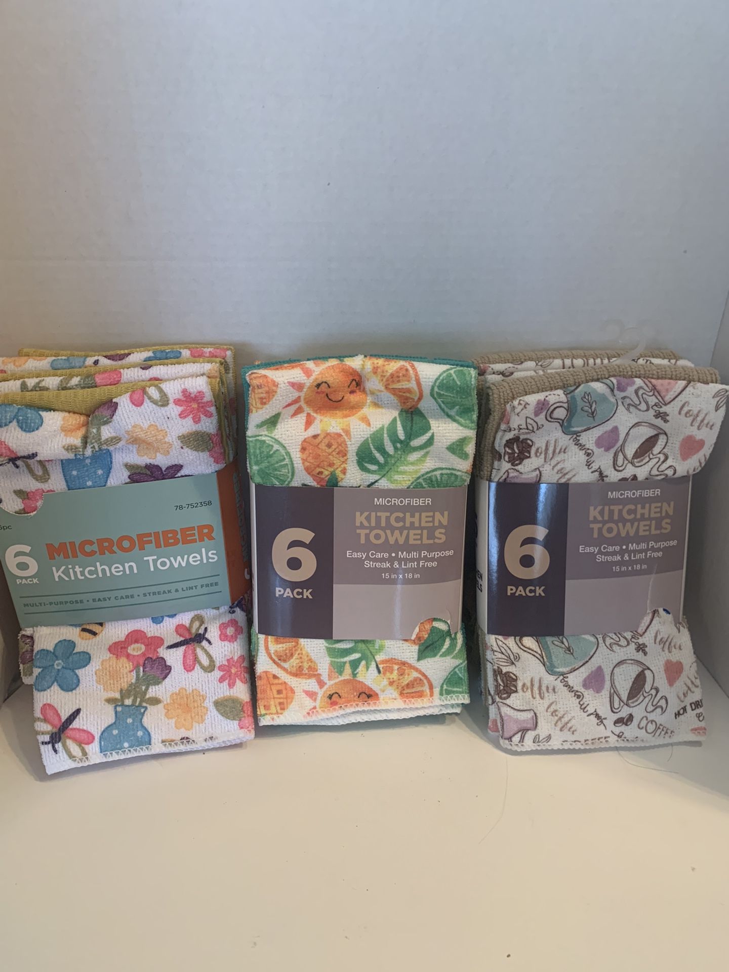 Six pack Microfiber kitchen towels multipurpose easy care streak and lint free three different styles $5 Each 