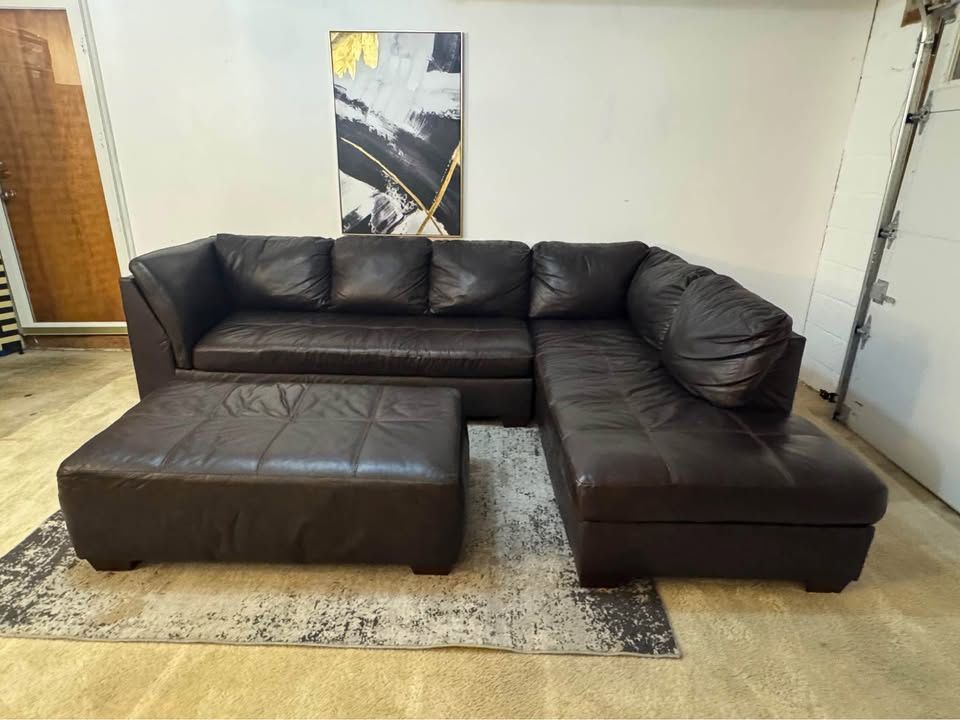 Brown Leather 4-Seater Sectional Sofa with Ottoman