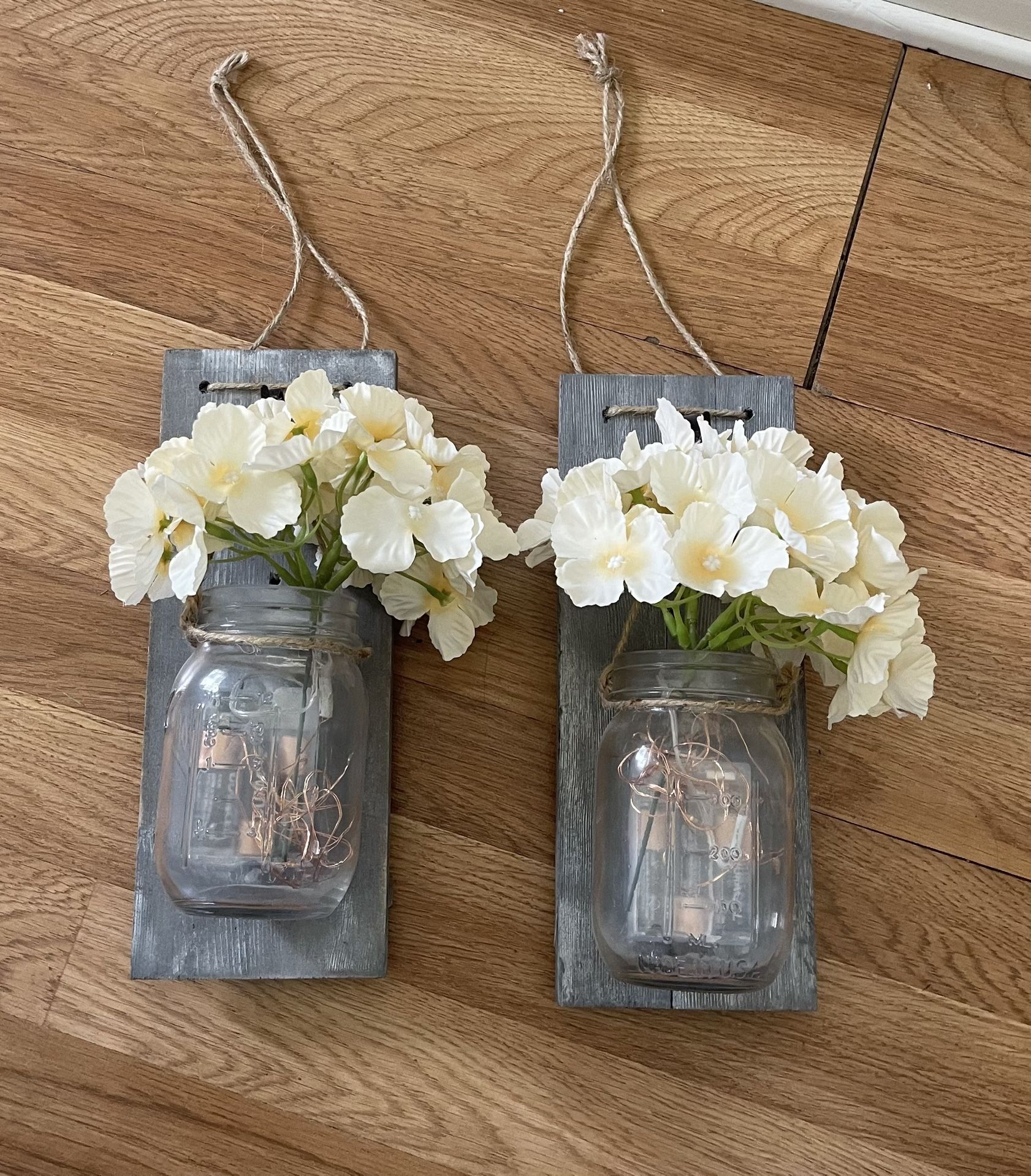 Wall Hung Mason Jar with Faux Flower and LED Strip lights