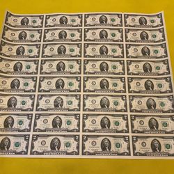 2013 $2 BILL GENUINE UNCUT 32 NOTE SHEET FORT WORTH TEXAS UNCIRCULATED