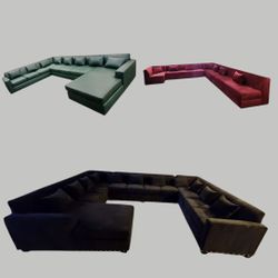 New 10x14ftx 6ft Green LEATHER,/ 5.5ft X14FT Royalty Wine/5.5x10x13x10ft U SECTIONAL  VELVET BLACK Sofa Set  3pcs/ More Color FABRIC Available 