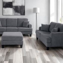 Brand New Grey Corduroy 3pc Sofa Set 