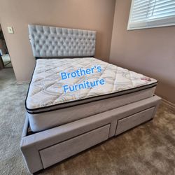 Frame Queen W Storage Footboard And Sides. Light Grey Fabric , New Especial Price