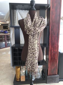 Panther print beige and purple fringed scarf/ shawl