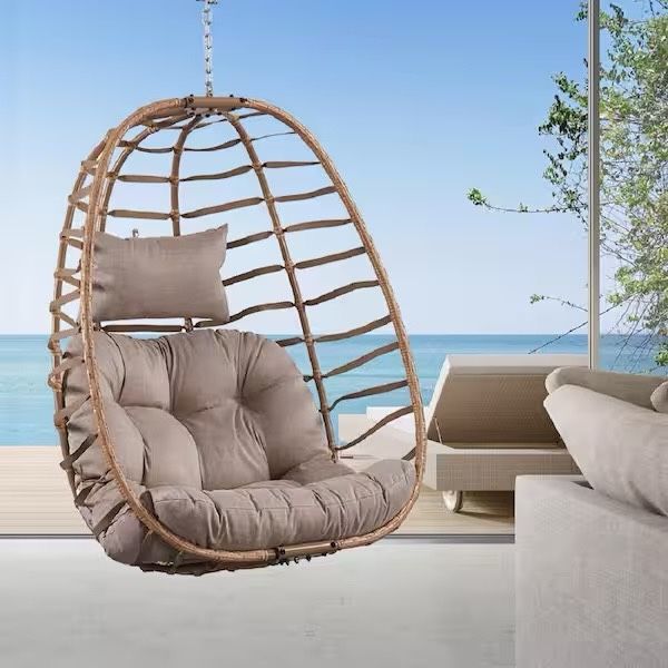1 Person Beige Wicker Porch Swing with Taupe Cushion