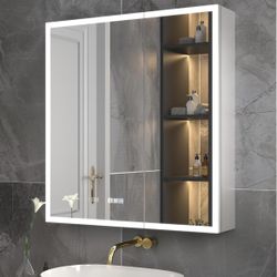 30"x32" LED Medicine Cabinet, Clock & Temp Display, Anti Fog, And Power Outlet