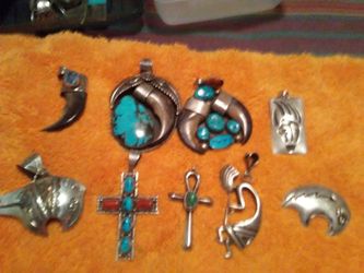 Navajo S/S w/turquoise, coral and Bear claw pendants