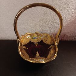 EXQUISITE Bohemia Glass Gilted 6" Cranberry Bridal Basket Made in Czech Republic.
