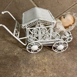 Vintage Very Old Porcelain Baby Doll in Metal Wicker Looking Buggy 