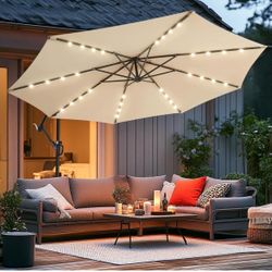 10ft Solar LED Offset Patio Umbrella, Outdoor Cantilever Patio Umbrellas with Solar Lights for Backyard, Poolside and Garden, Easy Tilt Adjustment, 32