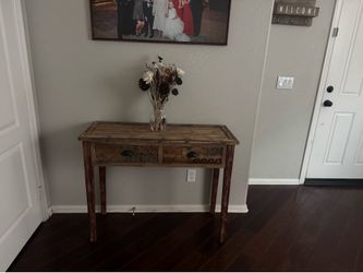 Rustic Wood Console Table with Carved Drawers