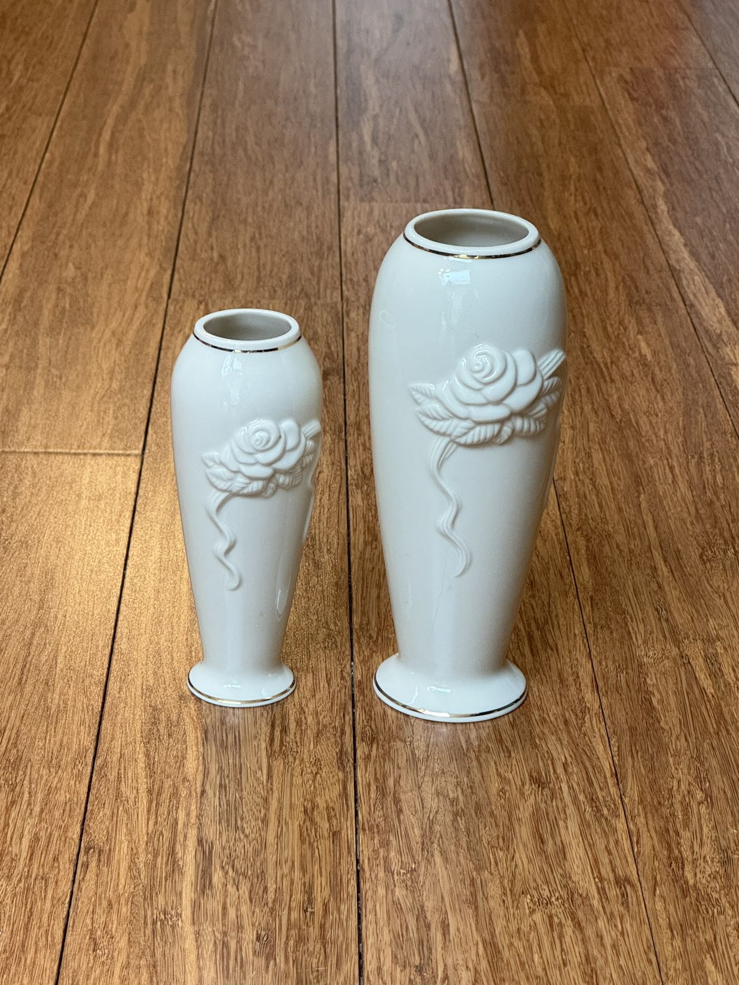 Vintage Lenox Porcelain Rosebud Collection Vase Set - 24K Gold Trim at Base & Top Rim