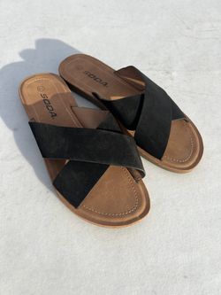 soda black/tan slip on sandals