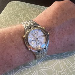 Seiko Chronograph 7T32-6M90 Watch Working Mens Stainless Steel Gold Silver
