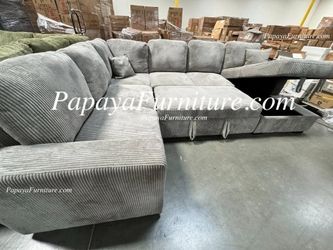 NEW LARGE U Shape Sectional Sofa and STORAGE Chaise Set Under Seat Pullout Sleeper Bed Pull out BIG Sofabed We Beat Bobs Furniture Style Couch Beige