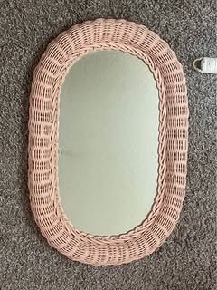 Vintage pink rattan mirror you can place on top of desk / put on wall