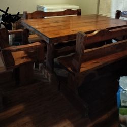 Wood Table With Benches 