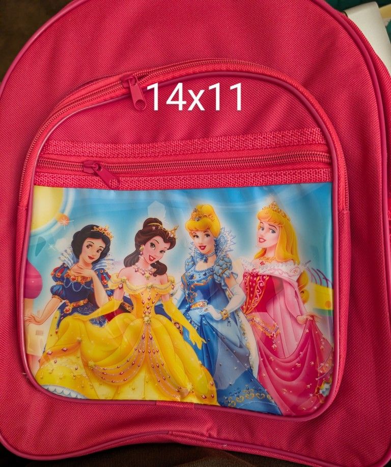 NEW Disney Princess Pink Bookbag For Girls. Backpack Has Three Zipper Pockets And two Net Side Pouches For Drink And Snacks. 14"x11", East Or West