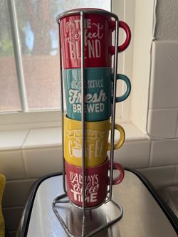 Stacking Coffee Mug Set with Metal Rack