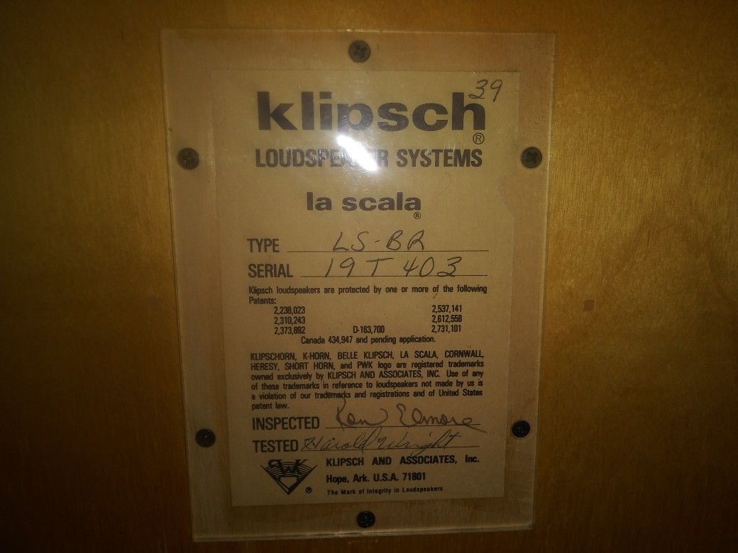 One (1) Klipsch La Scala loudspeaker '1979 original drivers