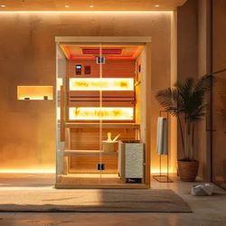 U-HOMY - 2-Person Steam Sauna - Energy-Efficient with Chromotherapy, 7-Color LED Lighting & Glass Design - Wood Color