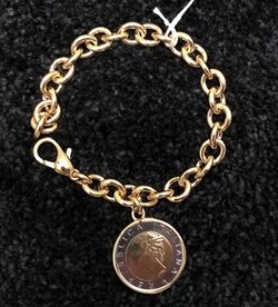 18K Gold over 925 Sterling Silver 500-Lira Coin Charm Rolo Link Chain Bracelet for Women