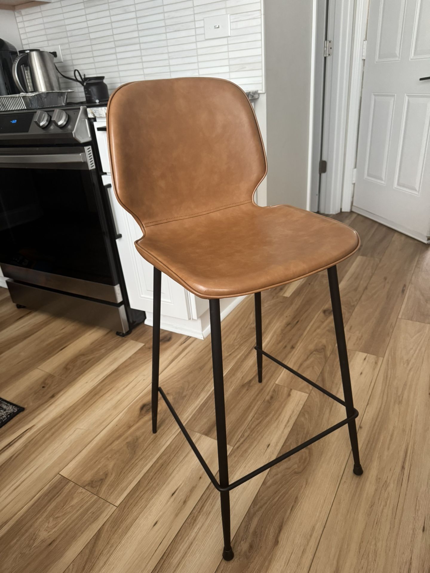 (4) Camel Brown leather Ariella 26" Counter Stools