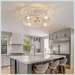 Garwarm 20" Caged Ceiling Fan With Light, Flush Mount Bladeless Fandelier With Remote, Small Low Profile for Bedroom, Kitchen, Dining Room, White Gold