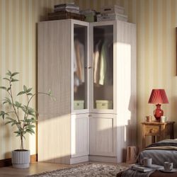 Light Wood Finish Wood 16.3 in. Bedroom Armoire with Frosted Tempered Glass Doors and Corner Design