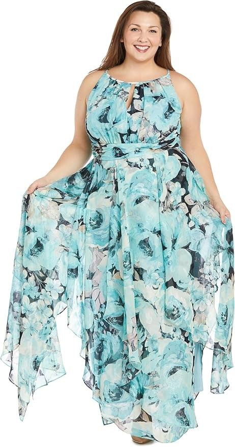 R & M Richards Women's Blue Floral-Print Halter Maxi Dress Plus Size 10