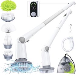 Electric Spin Scrubber, Smart Variable Speed Cordless Cleaning Brush with 5 Replaceable Heads, IPX7 Long Handle Remote Power Shower Scrubber Spin Brus