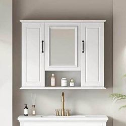Assembled New 36x28 Inch Medicine Cabinet with Mirror, Wall-Mounted Wood Bathroom Storage Cabinet