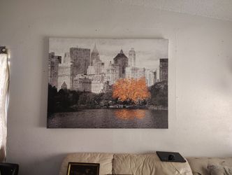 City Scape Gold Tree Enhanced On Canvas 45 By 60
