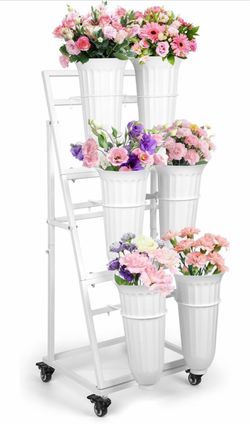 3FT Flower Display Stand with 6 Buckets,Metal Flower Bar Stand with Wheels,3 Layers Moving Florist Bouquet Shelf for Indoor Outdoor Garden,Flower Shop