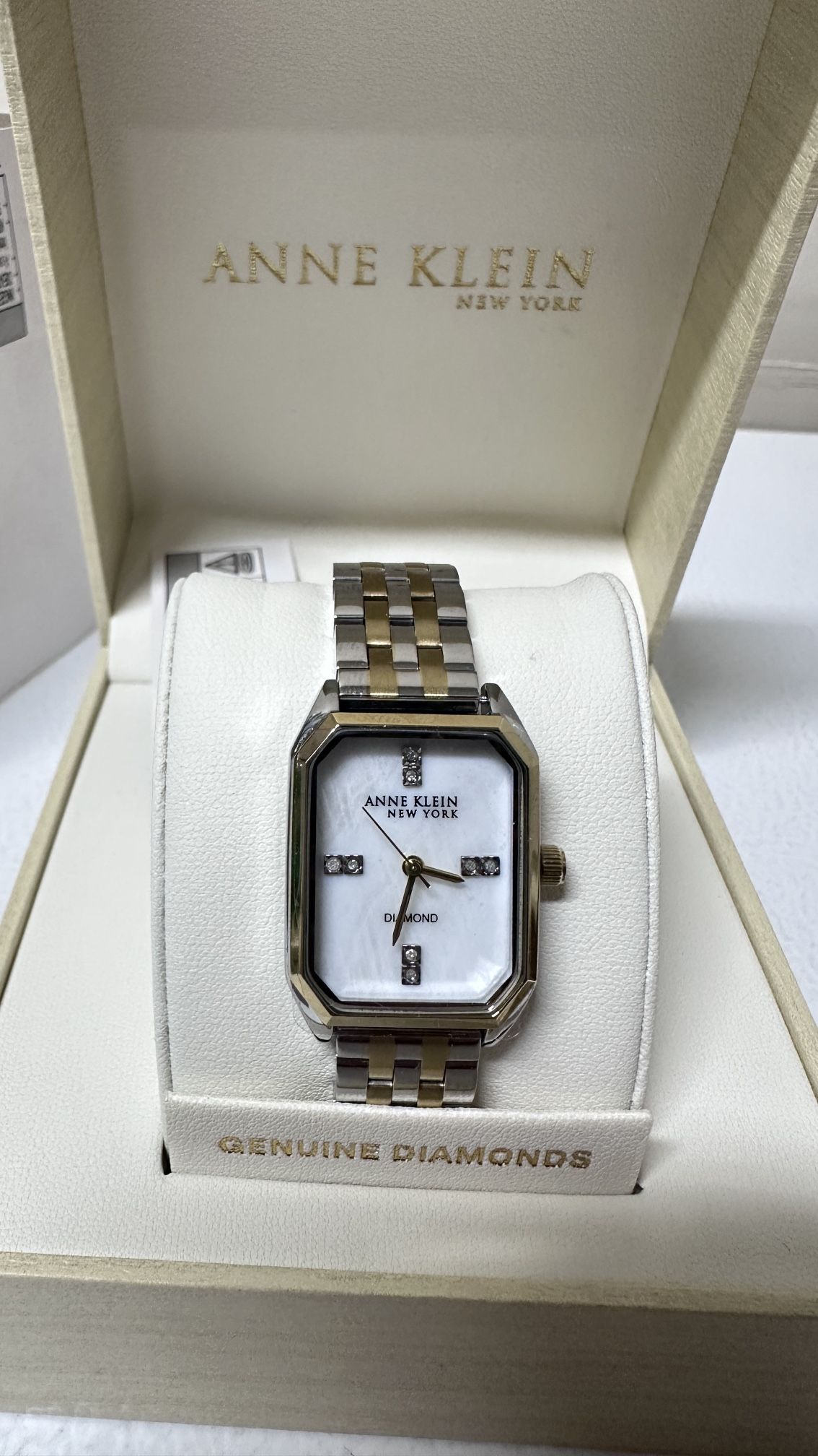 Anne Klein New York Two Tone Diamond Octagon Women Watch / NEW WITH TAGS Features: Alloy Case & Bracelet White Mother of Pearl Dial 8pc Diamond Mark