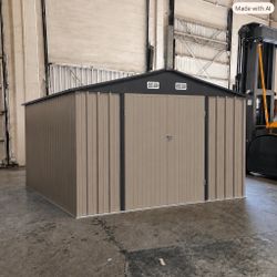 (New in box need assemble) 10’ L x 10’ W x 6.’ H Galvanized steel Metal Storage Shed Outdoor Garden Backyard 10’x10’ Storage.