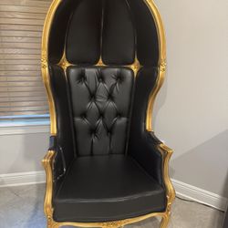 Balloon Chair French Style Black Leather Gold Finish Lacquer Chair