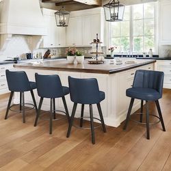 Set Of 4 LUE BONA Blue/Faux leather 26.2-in H Counter height Upholstered Swivel Wood Bar Stool