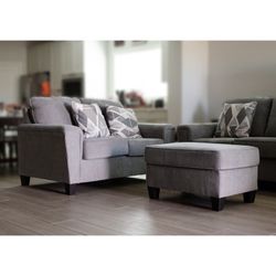2 Modern Grey Sofas & Ottoman W/ Pillows