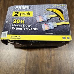 Prime Heavy Duty 25ft Outdoor 2 Outlets Extension Cords 2 Pieces Pack