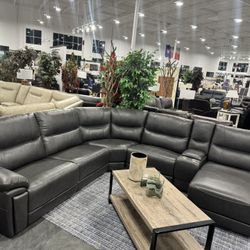 6Pc Power Reclining Sectional - Top Grain Leather starry Grey  