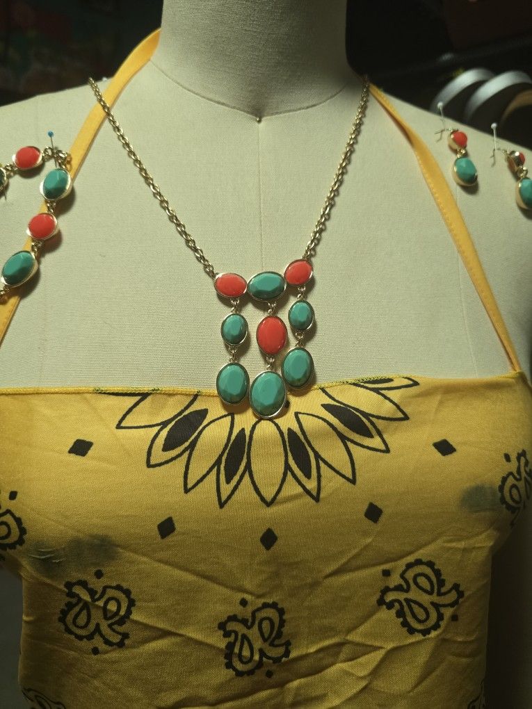 Three Piece Jewelry Set Long Necklace, Bracelet And Earrings